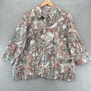 Chicos Top Womens 3 US Extra Large Brown Multi Shimmer Button Collar 3/4 Sleeve
